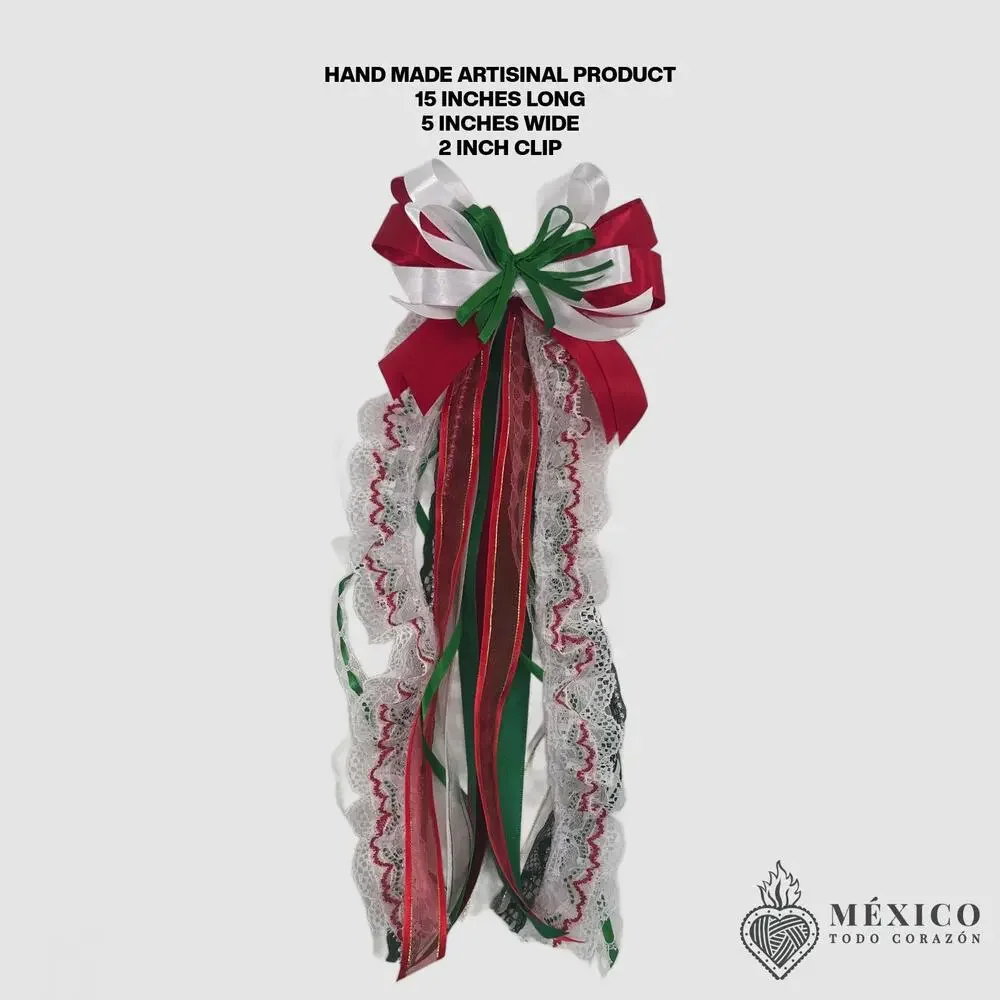 Mexican hair clip tri color lace and ribbon red green and white